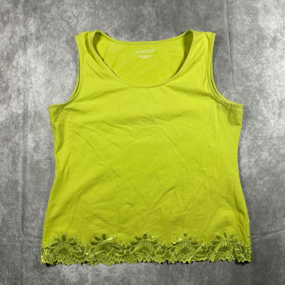 Coldwater Creek Womens L Lime Green Lace Trim Tank Top Scoop Neck Cotton Y2K